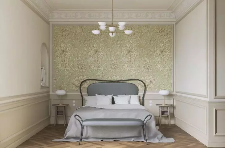 Wallpaper from the William Morris collection on one of the walls in the bedroom