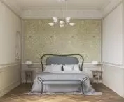 Wallpaper from the William Morris collection on one of the walls in the bedroom