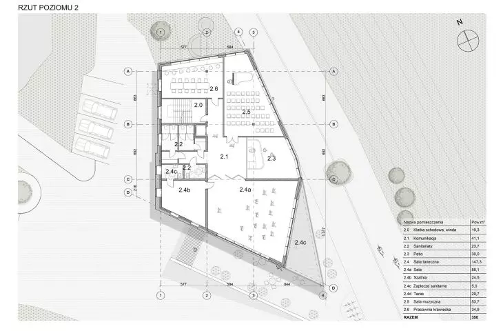 Centrum Aktywności Twórczej, poziom +2, sala taneczna i muzyczna