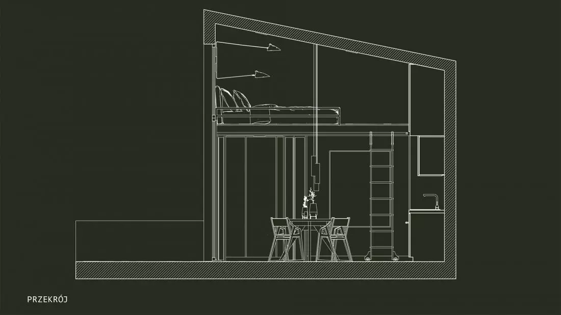 Projekt TINY HOUSES,
przekrój domu z antresolą