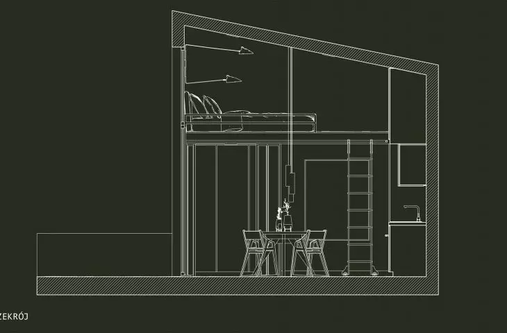 TINY HOUSES project, cross-section of house with mezzanine floor