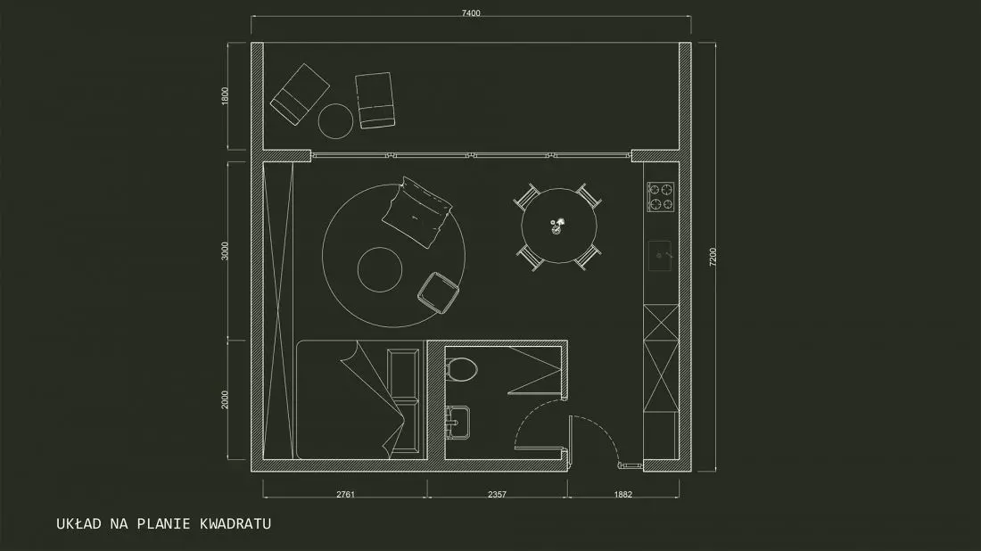 Projekt TINY HOUSES,
rzut na planie kwadratu
