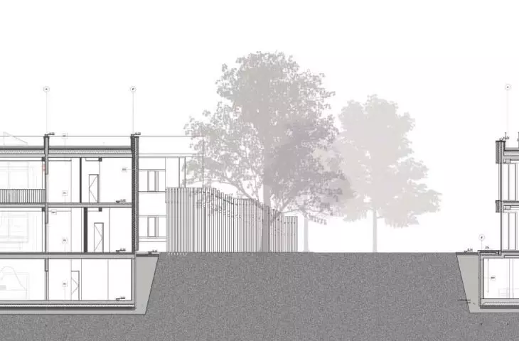 Cross-section of production and exhibition and workshop buildings