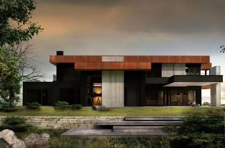 Corten Villa, a horizontal block