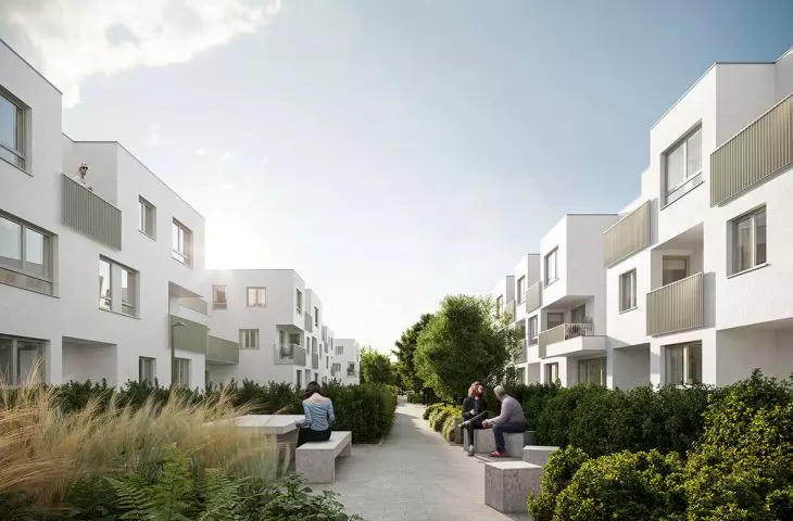 A greenery-filled walkway is planned between the buildings located parallel to each other