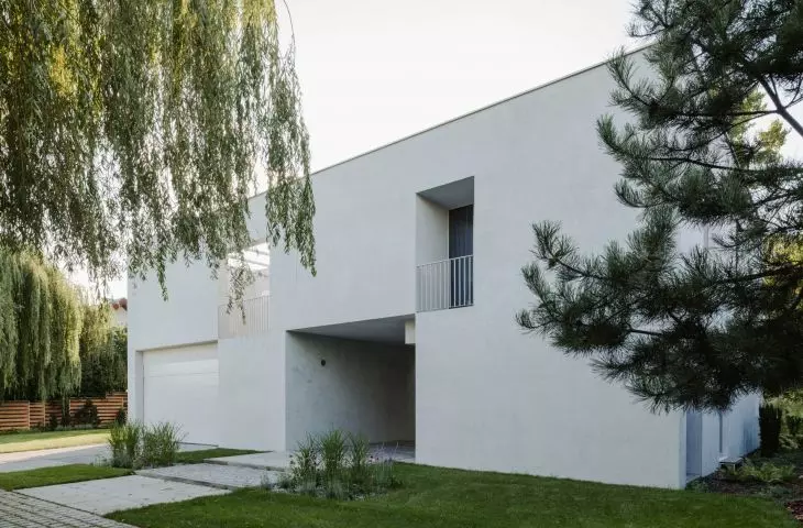 compact, light gray body of the house is a cuboid