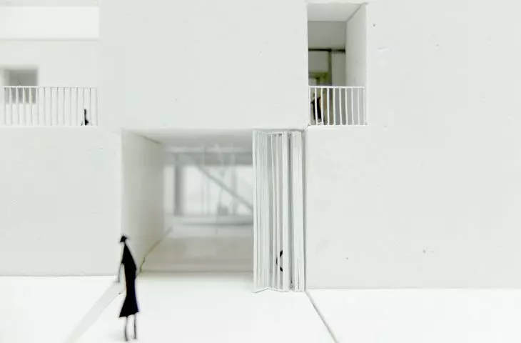 photo of mock-up; entrance to the building