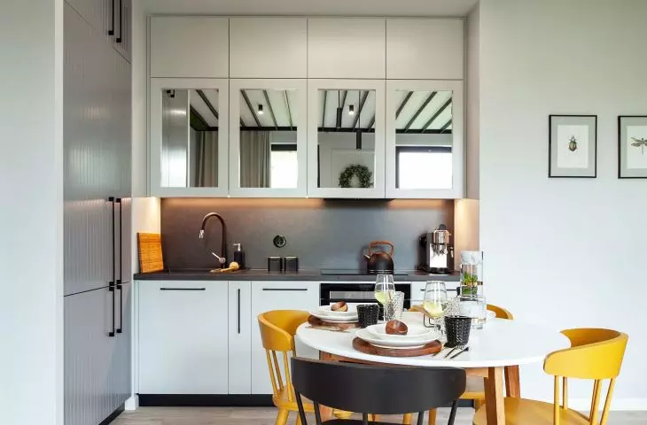 Mirrored kitchen cabinets