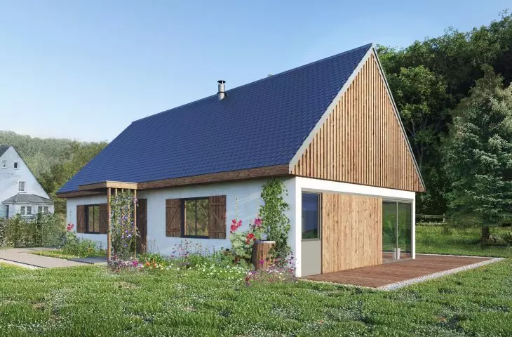 Single-family house, part of the facade is covered with wood