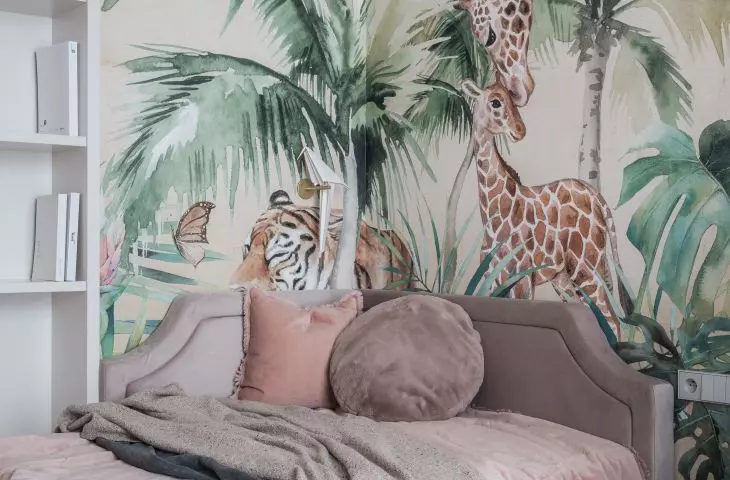 Children's room with colorful wallpaper