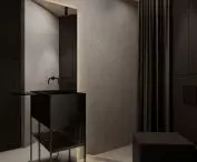 Bathroom kept in dark colors