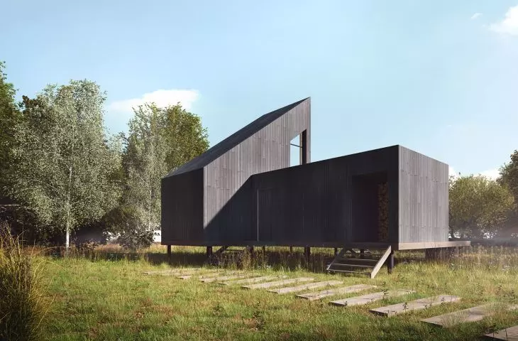 The facade is made of dark board