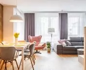 Lots of light in the living room and gray accessories