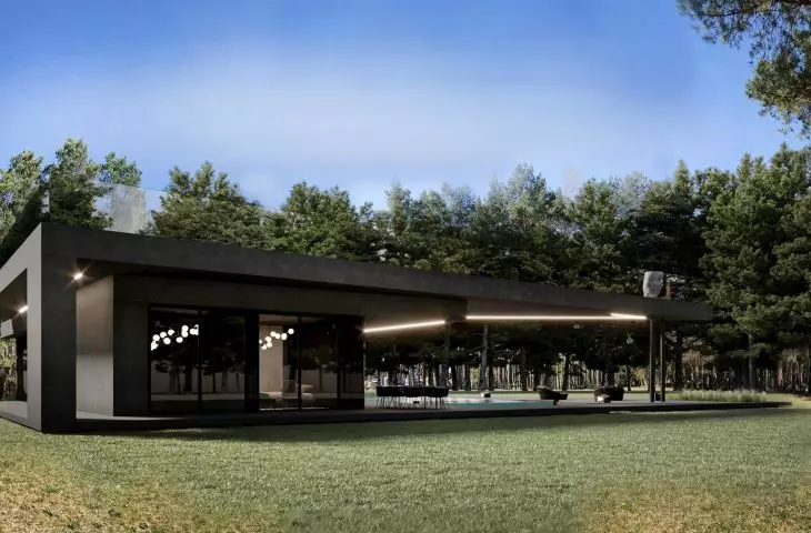 The dark color scheme refers to the main house