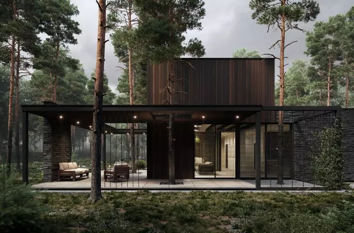 SMU HOUSE, drewniana i kamienna elewacja