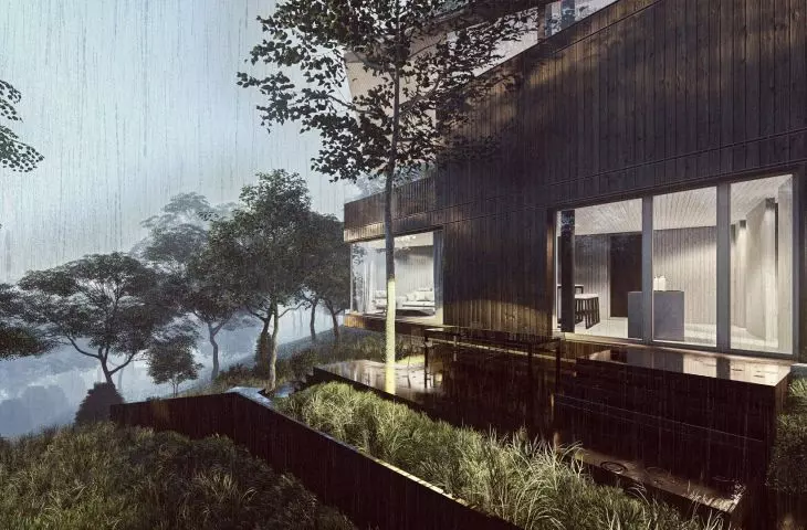 House on a slope with large glazed areas