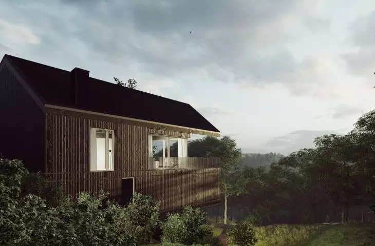 The facades are covered with tan boards
