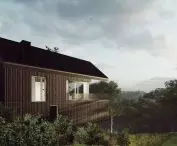 The facades are covered with tan boards
