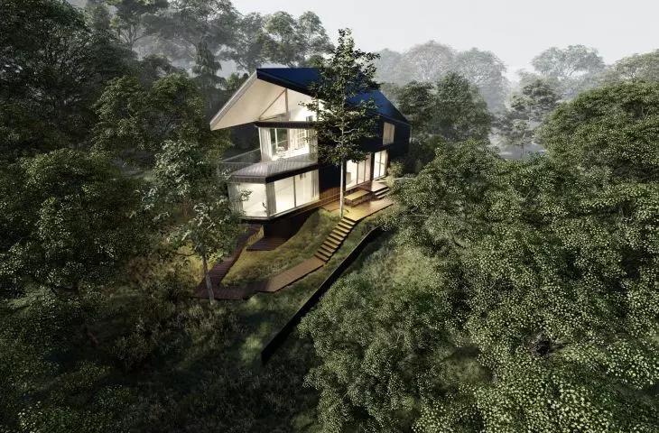 The house is surrounded by greenery