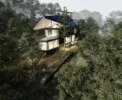 The house is surrounded by greenery