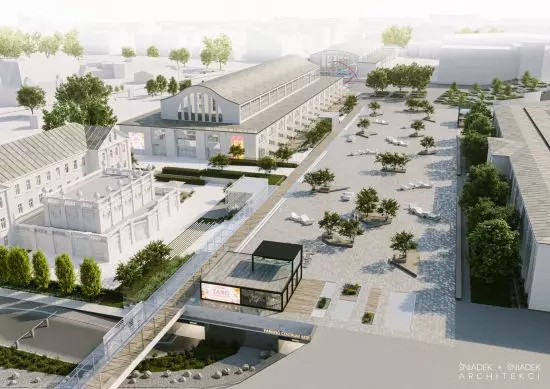 Ogólny widok na plac projektowany nad trzykondygnacyjnym parkingiem podziemnym. 