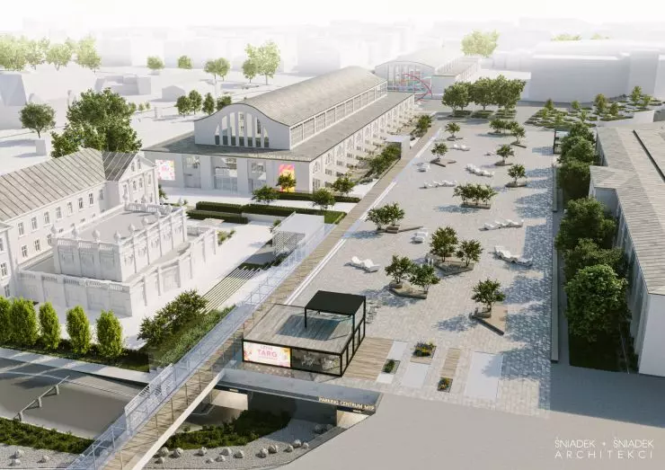 Ogólny widok na plac projektowany nad trzykondygnacyjnym parkingiem podziemnym. 