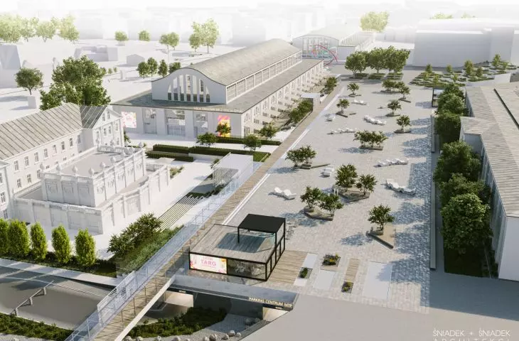 Ogólny widok na plac projektowany nad trzykondygnacyjnym parkingiem podziemnym. 