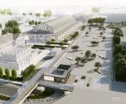 A general view of the plaza being designed over the three-story underground parking garage. 