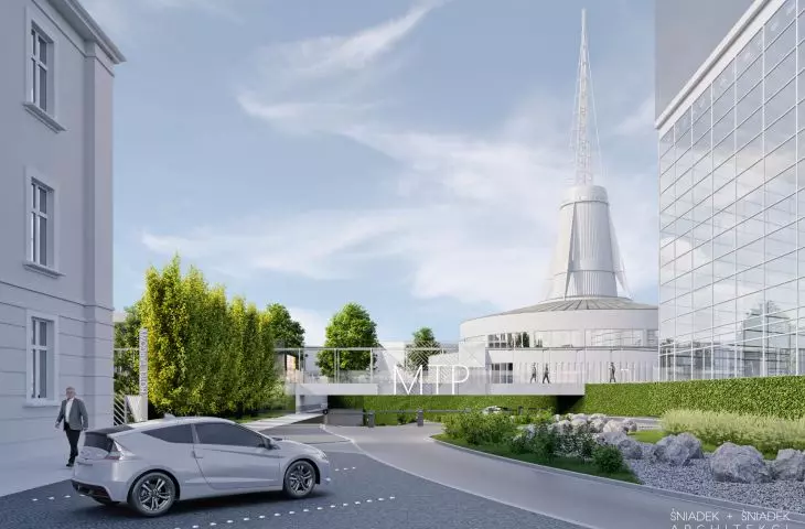 Planned entrance to the underground parking lot from Glogowska Street (between two MTP management office buildings).