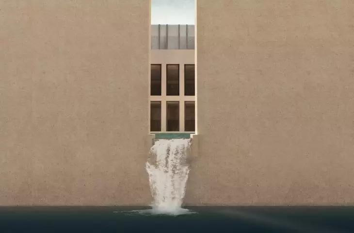 Waterway and crack in the wall of the library courtyard