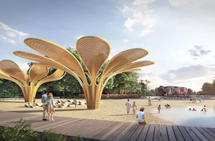 Beach at the bathing pond and passive atmospheric water harvesting system 
