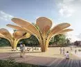 Beach at the bathing pond and passive atmospheric water harvesting system 