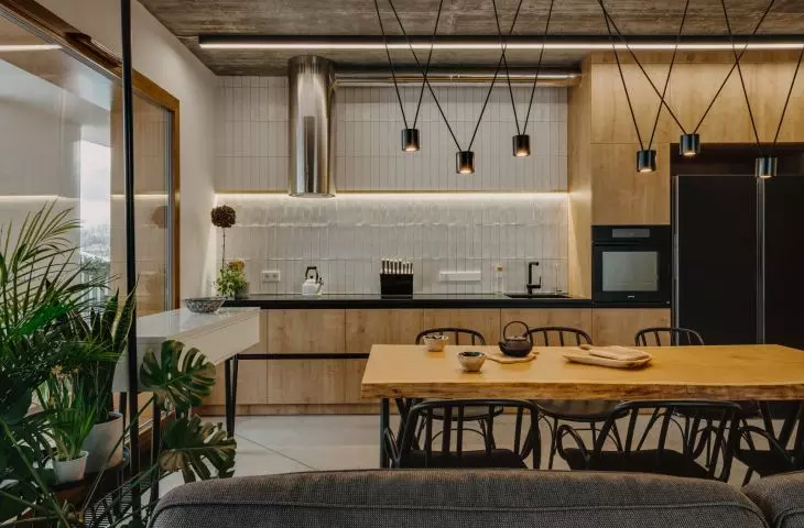view of the kitchen and dining room