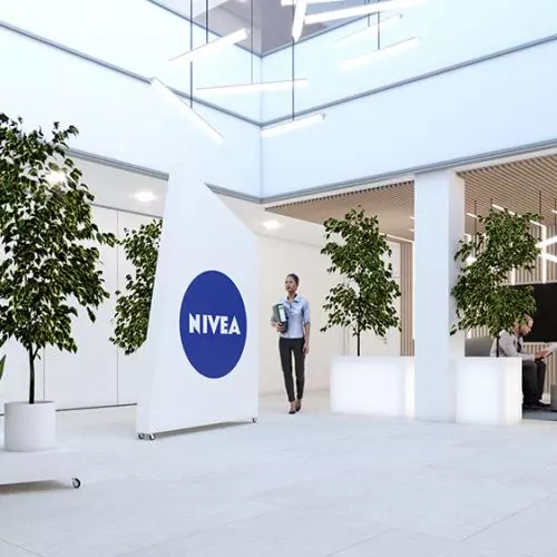 Aranżacja wnętrza holu biurowca firmy Nivea w Poznaniu