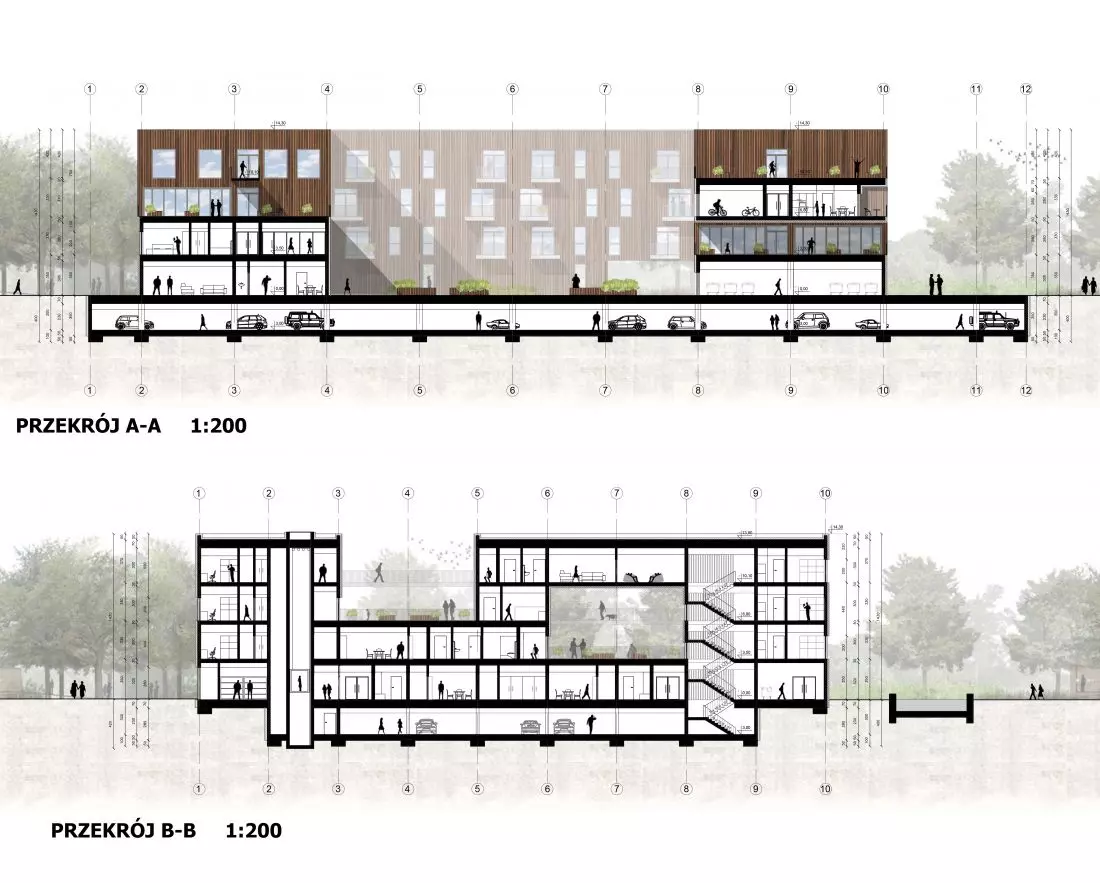 Co-living
w Opolu, przekroje AA i BB