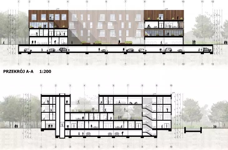 Co-living w Opolu, przekroje AA i BB