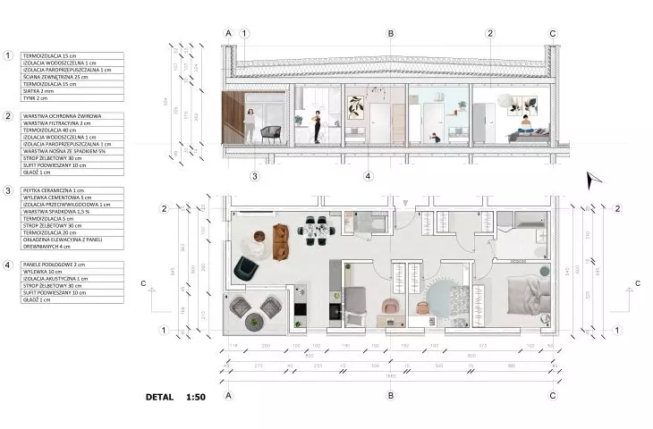 Plan and cross-section of one of the apartments