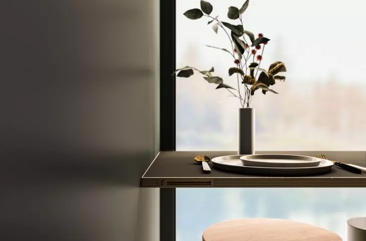Folding table and large glass window
