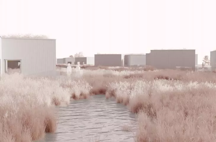 Water and rush vegetation carves out the space around the site