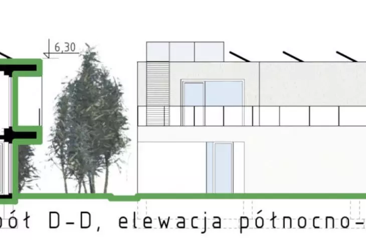 przekrój przez zespół D-D, elewacja północno-zachodnia