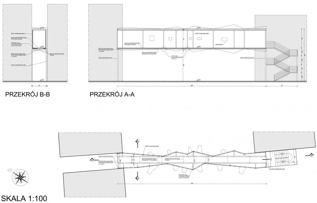 Platforma do
kontemplacji ulicy, przekrój i rzut