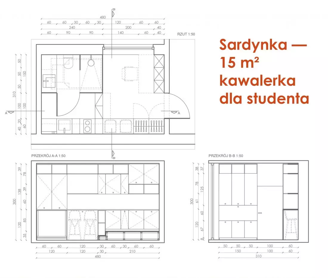 Sardynka, 15 m² kawalerka dla
studenta, rzut