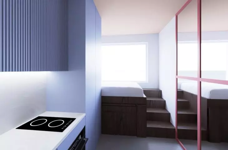 Student space 17 m², kuchnia i widok na sypialnie