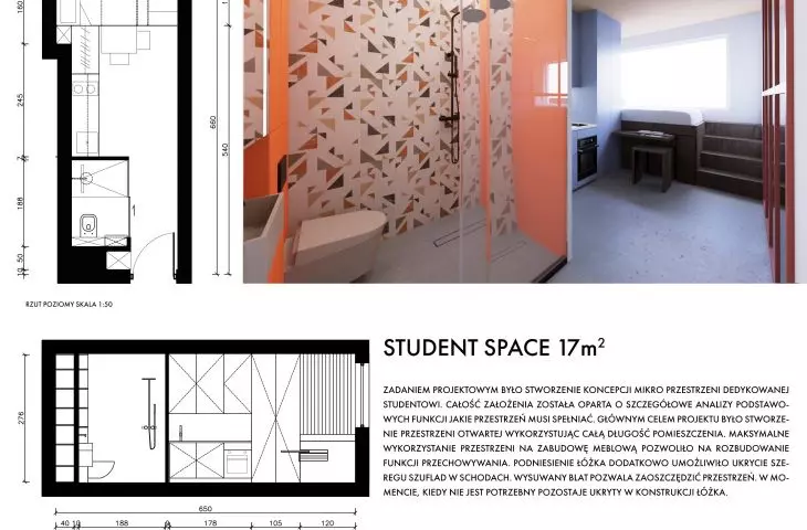 Student space 17 m², plansza wraz z rzutami