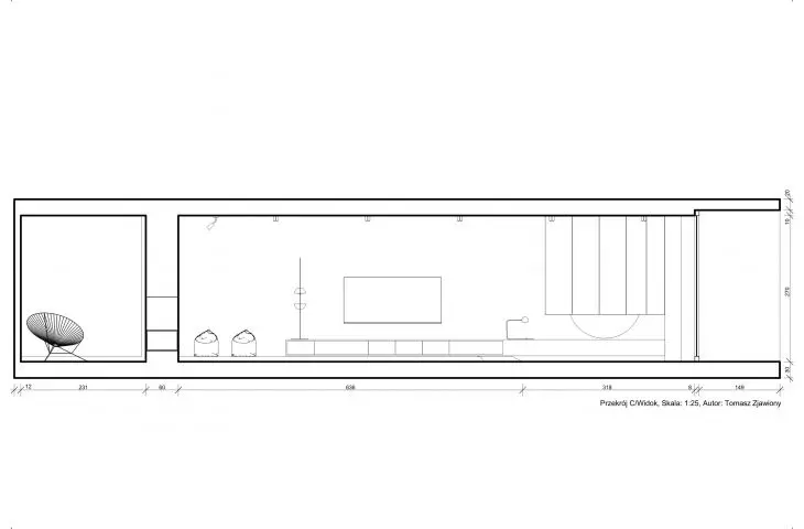 Cross-section of the living room in the designed part