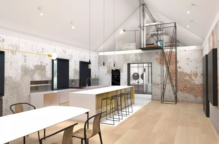 Kitchen with dining area and mezzanine entrance in existing restored section