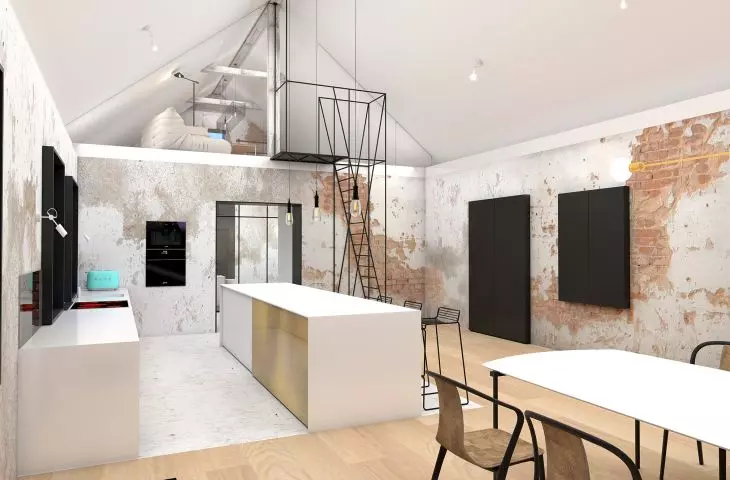 Kitchen with dining area and mezzanine entrance in existing restored section