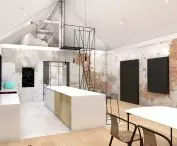 Kitchen with dining area and mezzanine entrance in existing restored section