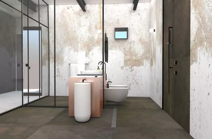 Interior of the bathroom in the restored part of the house