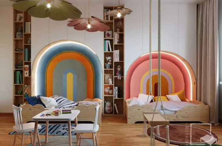 The room for the youngest children is a fairyland - there are cloud beds, rainbows in the headrests, flower lamps and a mini playground